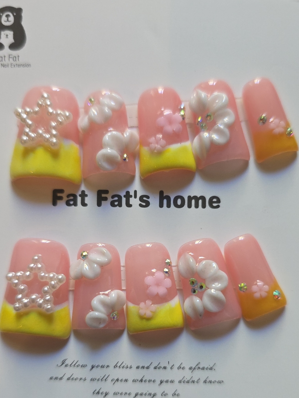 Pink Yellow Floral 3D Press-On Nail Set Size Med